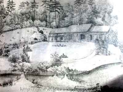 Photo of Steele family homestead at Purbrook (Framed photo is in stone memorial) the pencil sketch of the Steele home is the work of 13-year old Eleanora