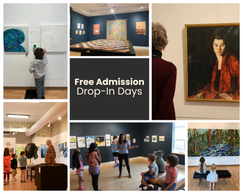 Collage promoting free admission drop-in days at the Orillia Museum of Art & History featuring exhibitions, visitors, children, and gallery spaces