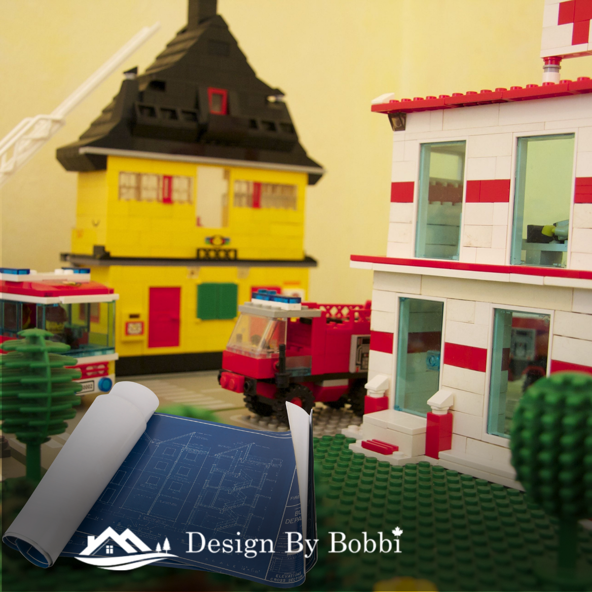 LEGO model homes with architectural plans for the Design By Bobbi Community Creates program at OMAH.
